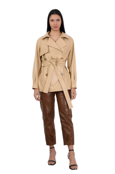 Barya NewYork Ladies Nude Soft Lambskin Double Breasted Belted Short Trench Coat - Dudes Boutique