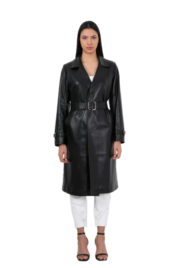 Barya NewYork Ladies Black Soft Lambskin Double Breasted Belted Trench Coat - Dudes Boutique