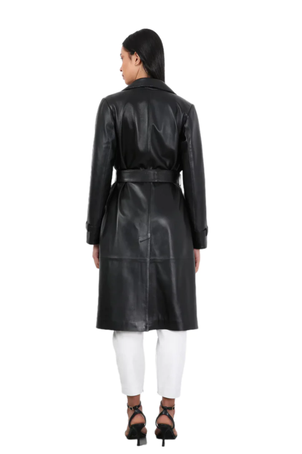 Barya NewYork Ladies Black Soft Lambskin Double Breasted Belted Trench Coat - Dudes Boutique