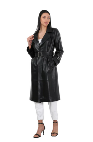 Barya NewYork Ladies Black Soft Lambskin Double Breasted Belted Trench Coat - Dudes Boutique