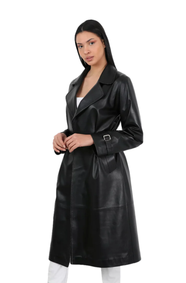 Barya NewYork Ladies Black Soft Lambskin Double Breasted Belted Trench Coat - Dudes Boutique