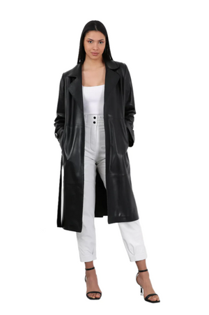 Barya NewYork Ladies Black Soft Lambskin Double Breasted Belted Trench Coat - Dudes Boutique