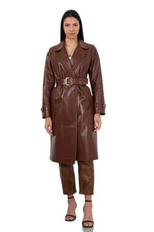 Barya NewYork Ladies Brown Soft Lambskin Double Breasted Belted Trench Coat - Dudes Boutique