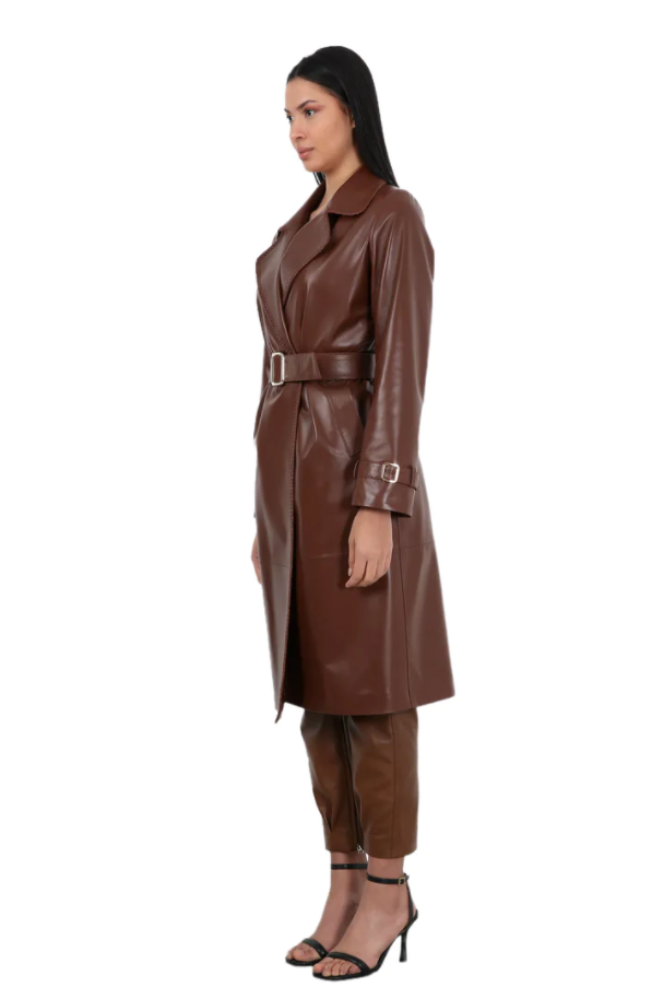 Barya NewYork Ladies Brown Soft Lambskin Double Breasted Belted Trench Coat - Dudes Boutique