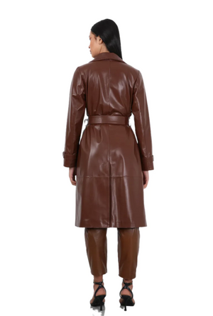 Barya NewYork Ladies Brown Soft Lambskin Double Breasted Belted Trench Coat - Dudes Boutique