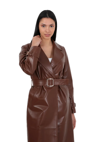 Barya NewYork Ladies Brown Soft Lambskin Double Breasted Belted Trench Coat - Dudes Boutique