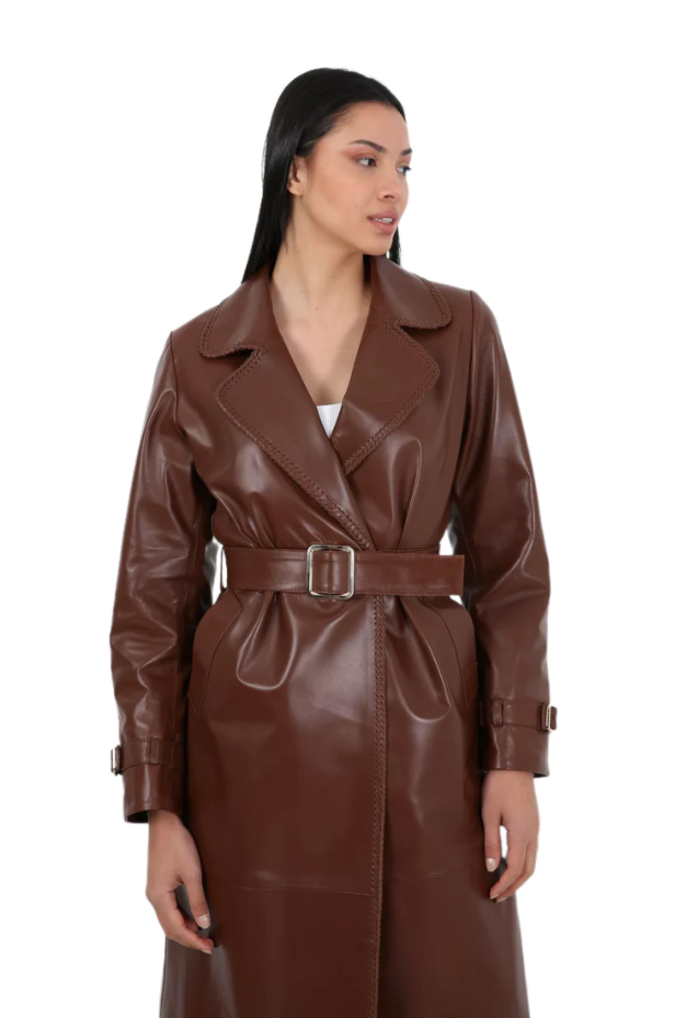 Barya NewYork Ladies Brown Soft Lambskin Double Breasted Belted Trench Coat - Dudes Boutique