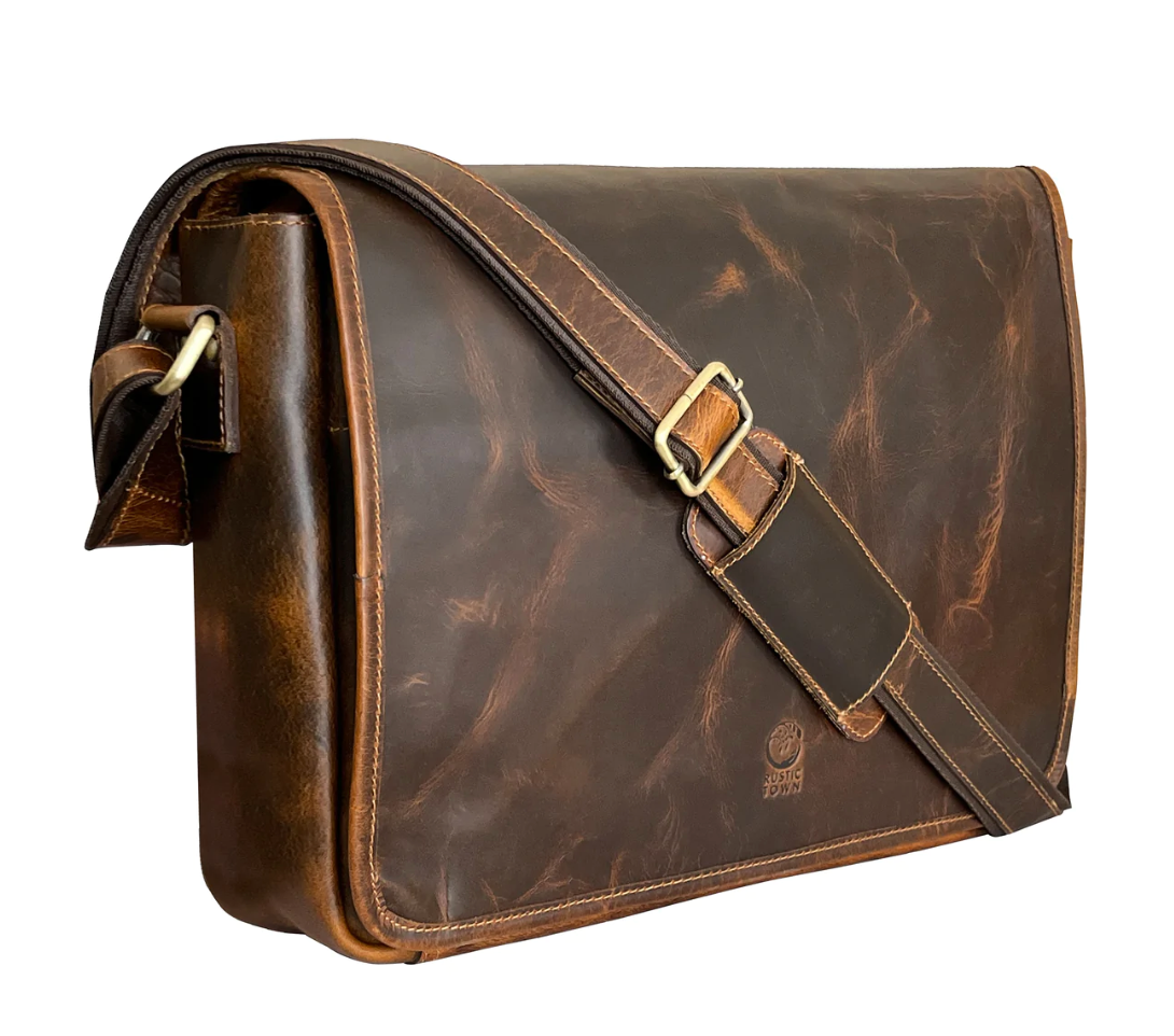 RusticTown Ranger Buffalo Leather Crossbody Laptop Messenger Bag (Brown) - Dudes Boutique