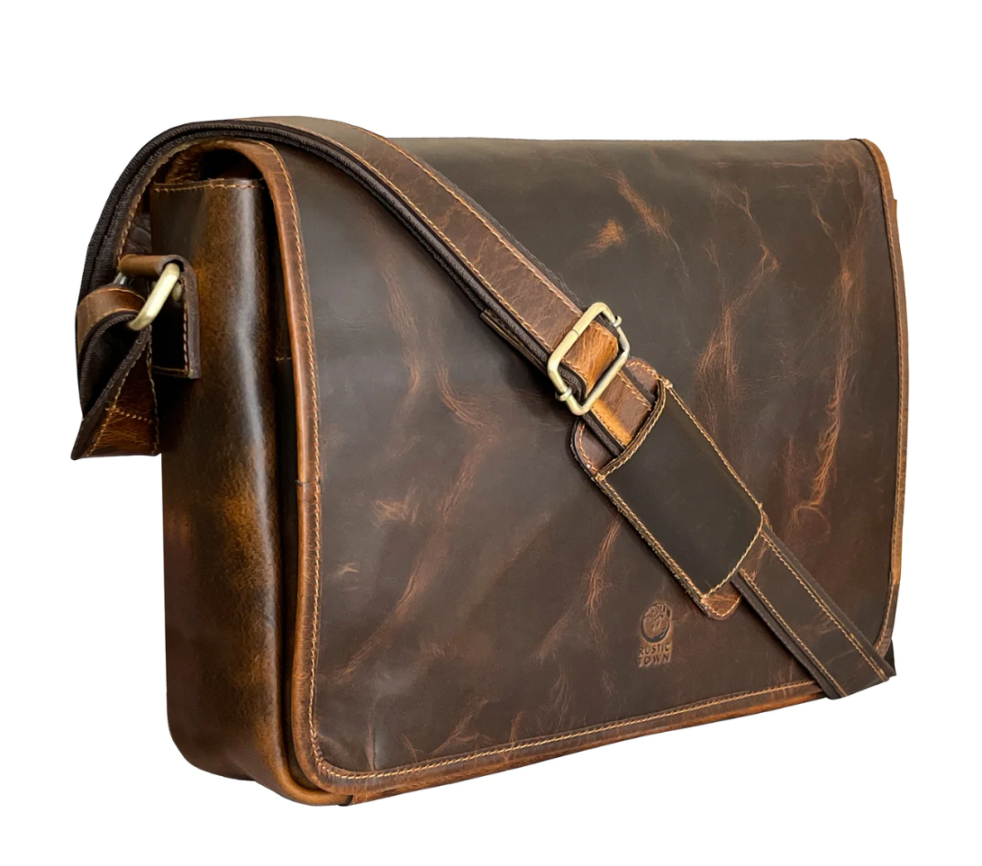 RusticTown Ranger Buffalo Leather Crossbody Laptop Messenger Bag