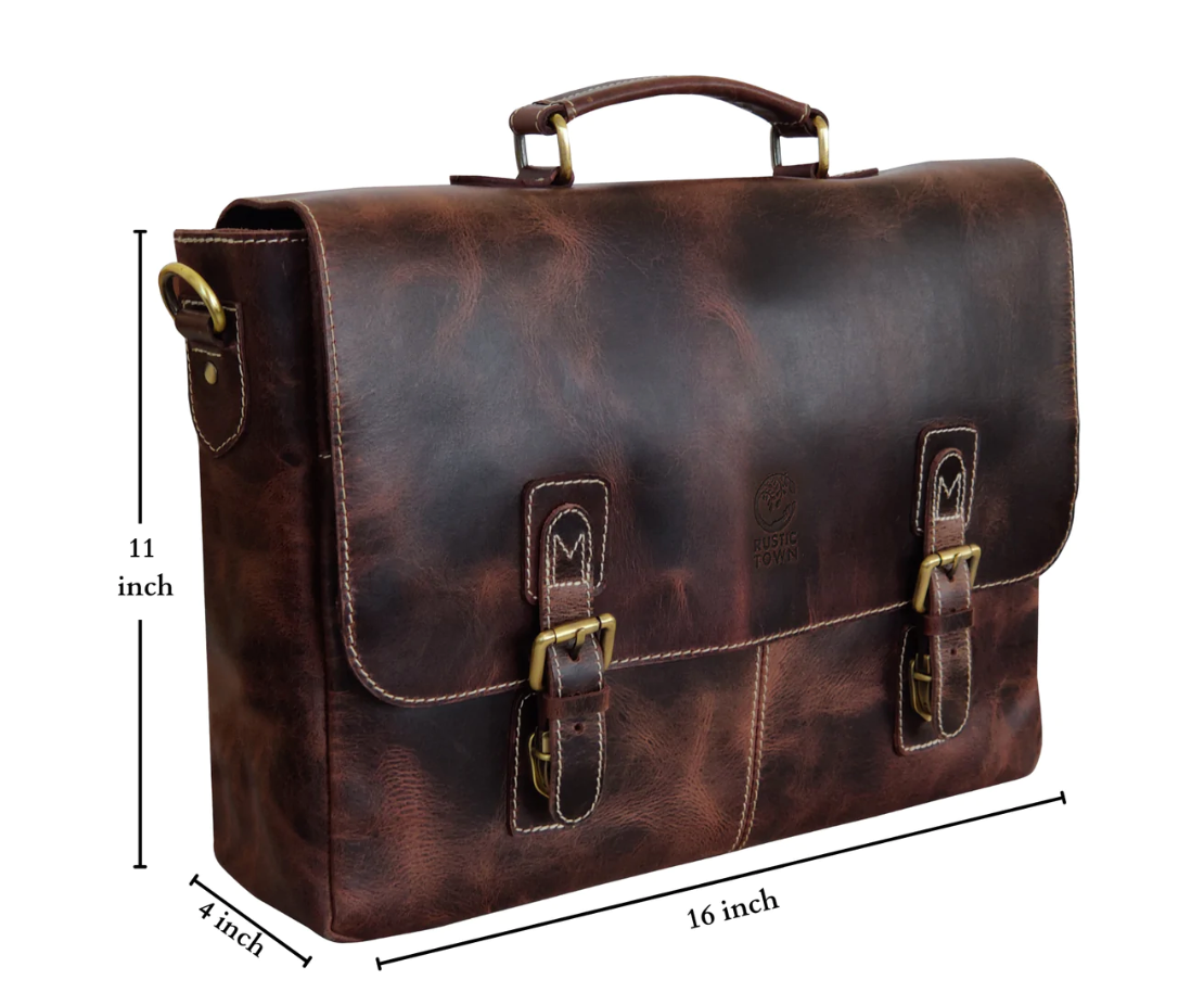 RusticTown 16" Leather Satchel Laptop Briefcase Bag (Mulberry) - Dudes Boutique