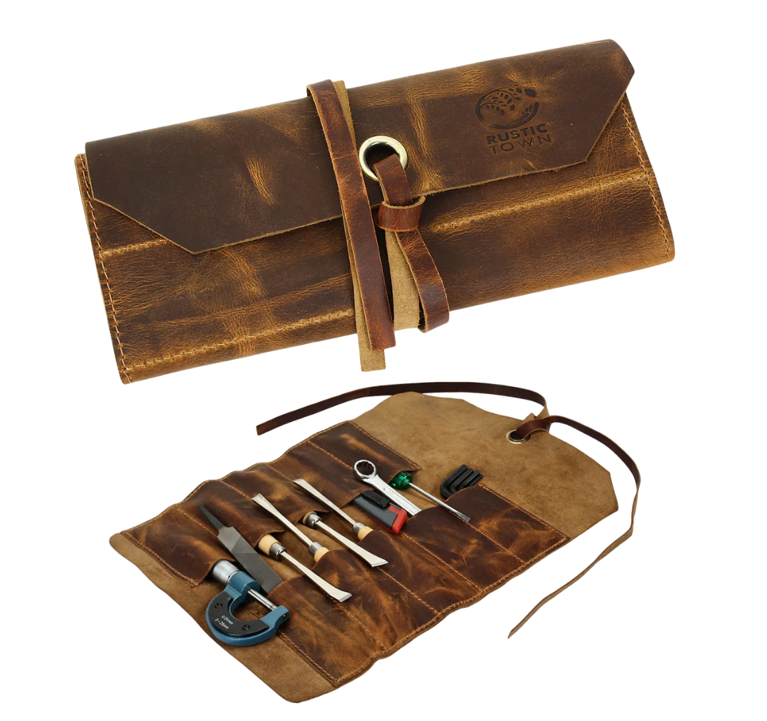 RusticTown Genuine Leather Tool Roll Up Pouch- Handcrafted Tool Kit (10 Slots) - Dudes Boutique