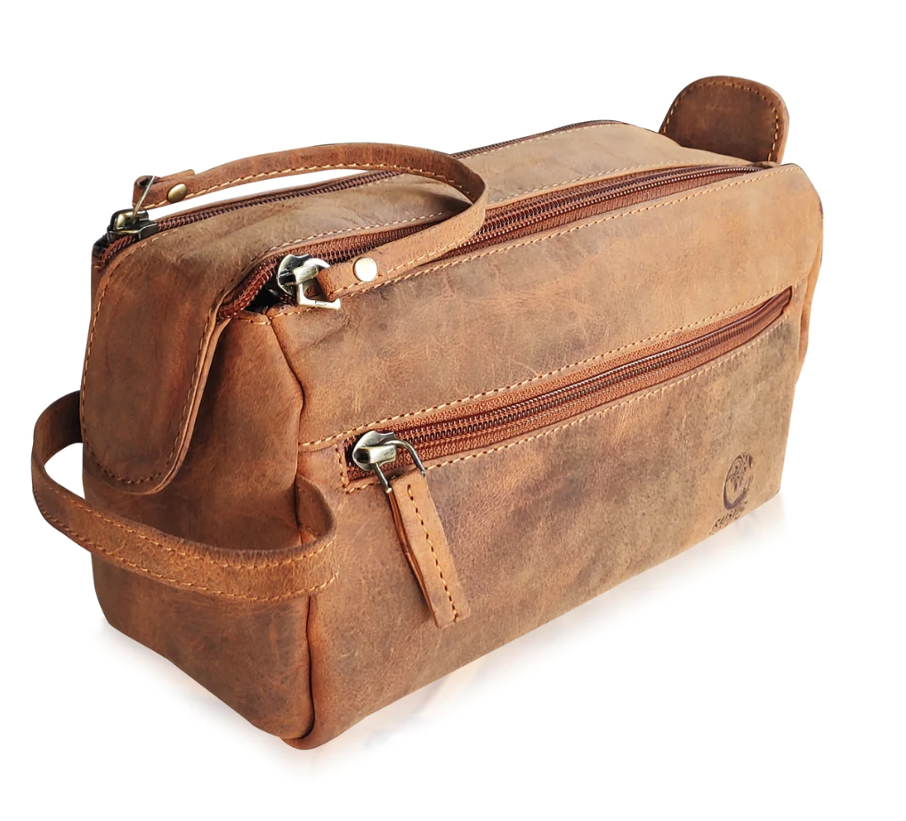 RusticTown Genuine Leather Travel Toiletry Bag (Brown) - Dudes Boutique