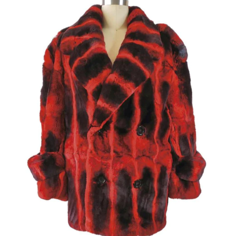 Kashani Double Breasted Red Rex Rabbit Chinchilla 3/4 Fur Coat - Dudes Boutique