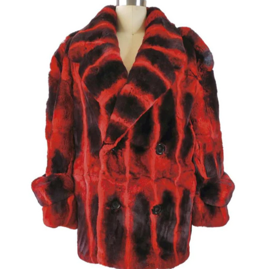 Kashani Double Breasted Red Rex Rabbit Chinchilla 3/4 Fur Coat - Dudes Boutique