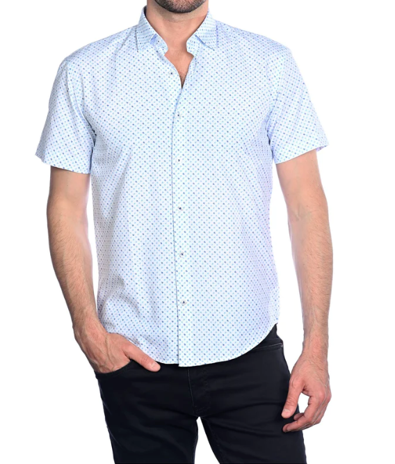 Mizumi M652-S -A White/Blue Short Sleeve Button Up Shirt - Dudes Boutique