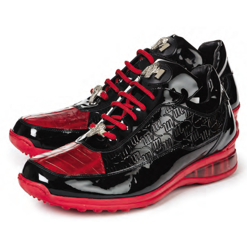Mauri 8900-2 Bubble Patent Leather Embossed Baby Croc Sneakers Black / Red - Dudes Boutique