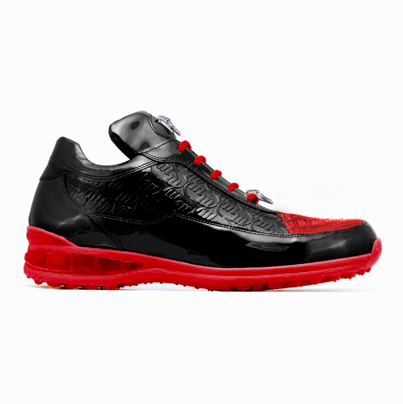 Mauri 8900-2 Bubble Patent Leather Embossed Baby Croc Sneakers Black / Red - Dudes Boutique