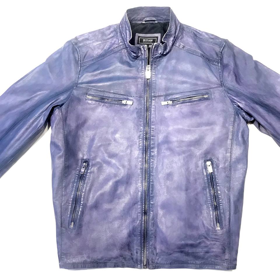 Missani Lambskin Leather Washed Denim Zip-up Jacket - Dudes Boutique