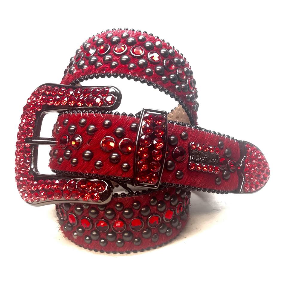 BB Simon Swarovski Crystal Red Leather Belt 32 L New