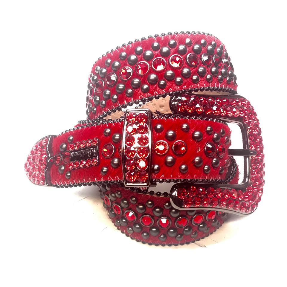 BB Simon Swarovski Crystal Red Leather Belt 32 L New