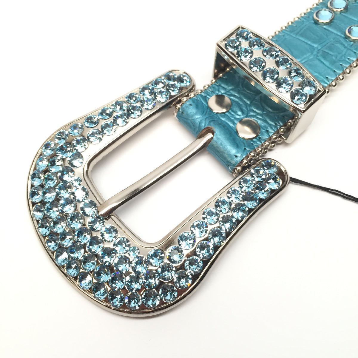 B.B. Simon White Belt with Blue Crystals and Silver Parachute Studs