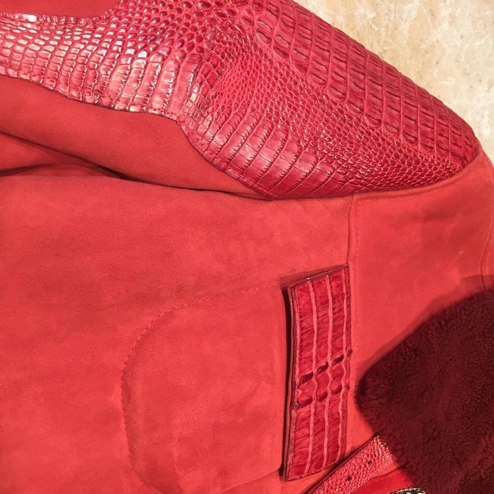 Kashani Candy Red Full Suede/Adult Alligator Shearling - Dudes Boutique