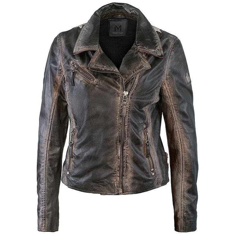 Mauritius Ladies Christy Star Detail Leather Jacket, Vintage Black - Dudes Boutique