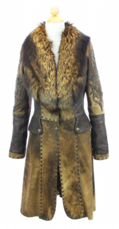 Hoss Couture Women's Natural Suede Fox Fur Swarovski Crystal Trench Coat - Dudes Boutique