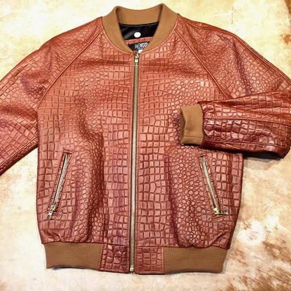 Jakewood Cognac Embossed Alligator Bomber Jacket - Dudes Boutique
