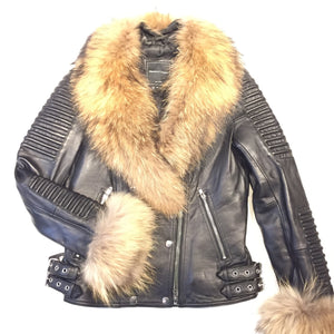 Mason & Cooper Ladies Black Lambskin/Fox Fur Biker Jacket - Dudes Boutique