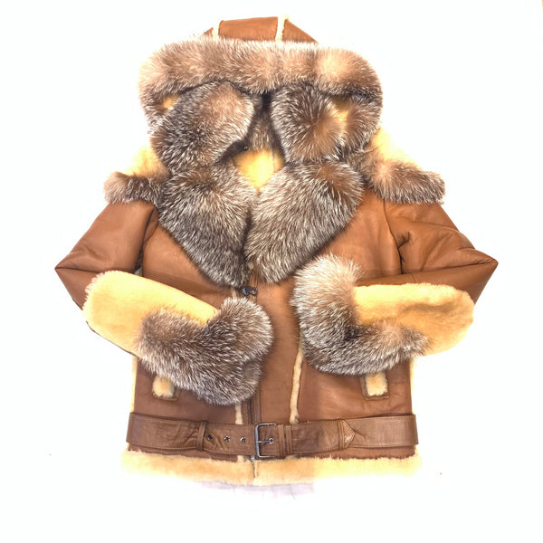 Barya NewYork Tan Oversized Fox Collar Hooded Biker Shearling Coat - Dudes Boutique
