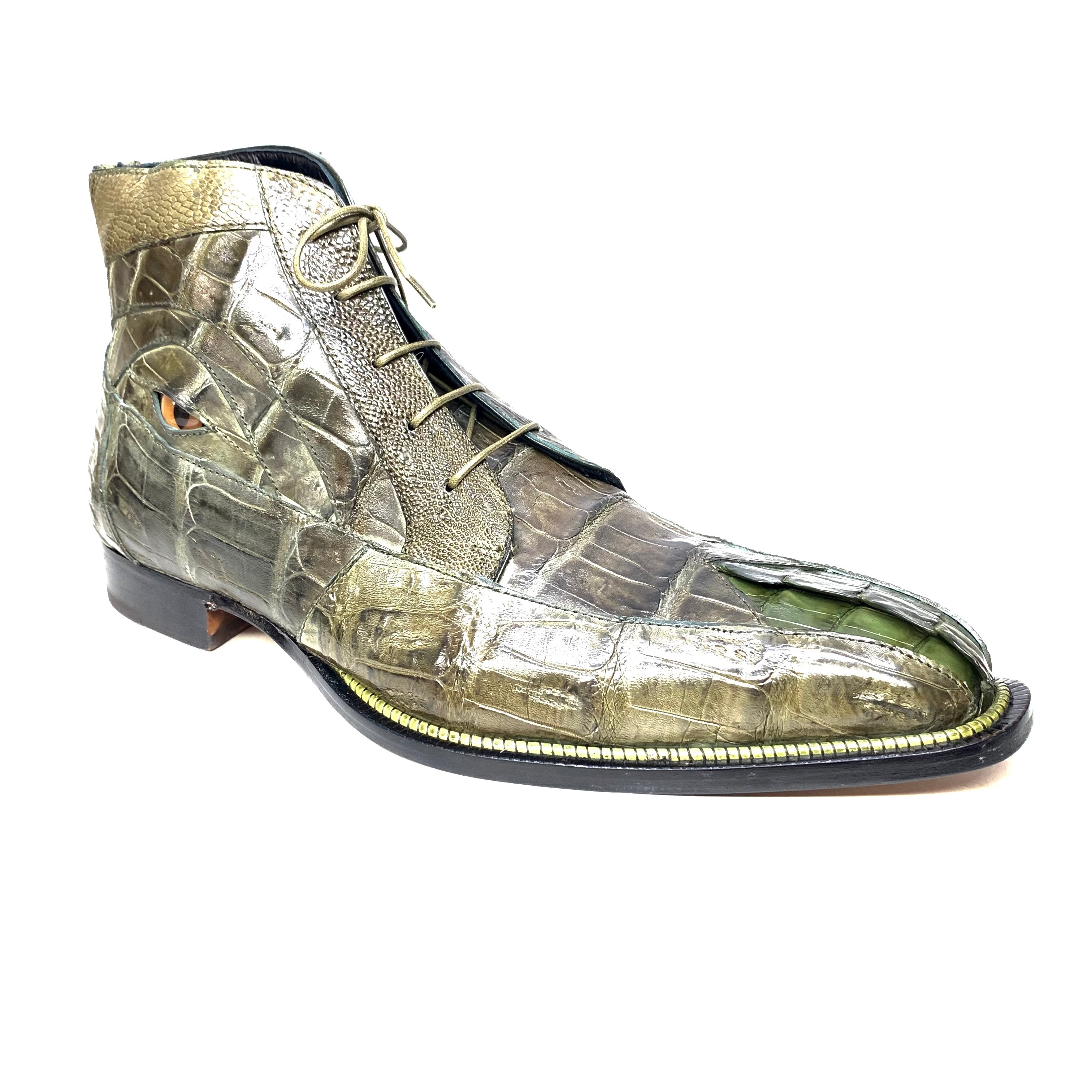 Mauri-3079 "Eye" Olive Green Alligator Tail / Ostrich Leg Dress Ankle Boots - Dudes Boutique