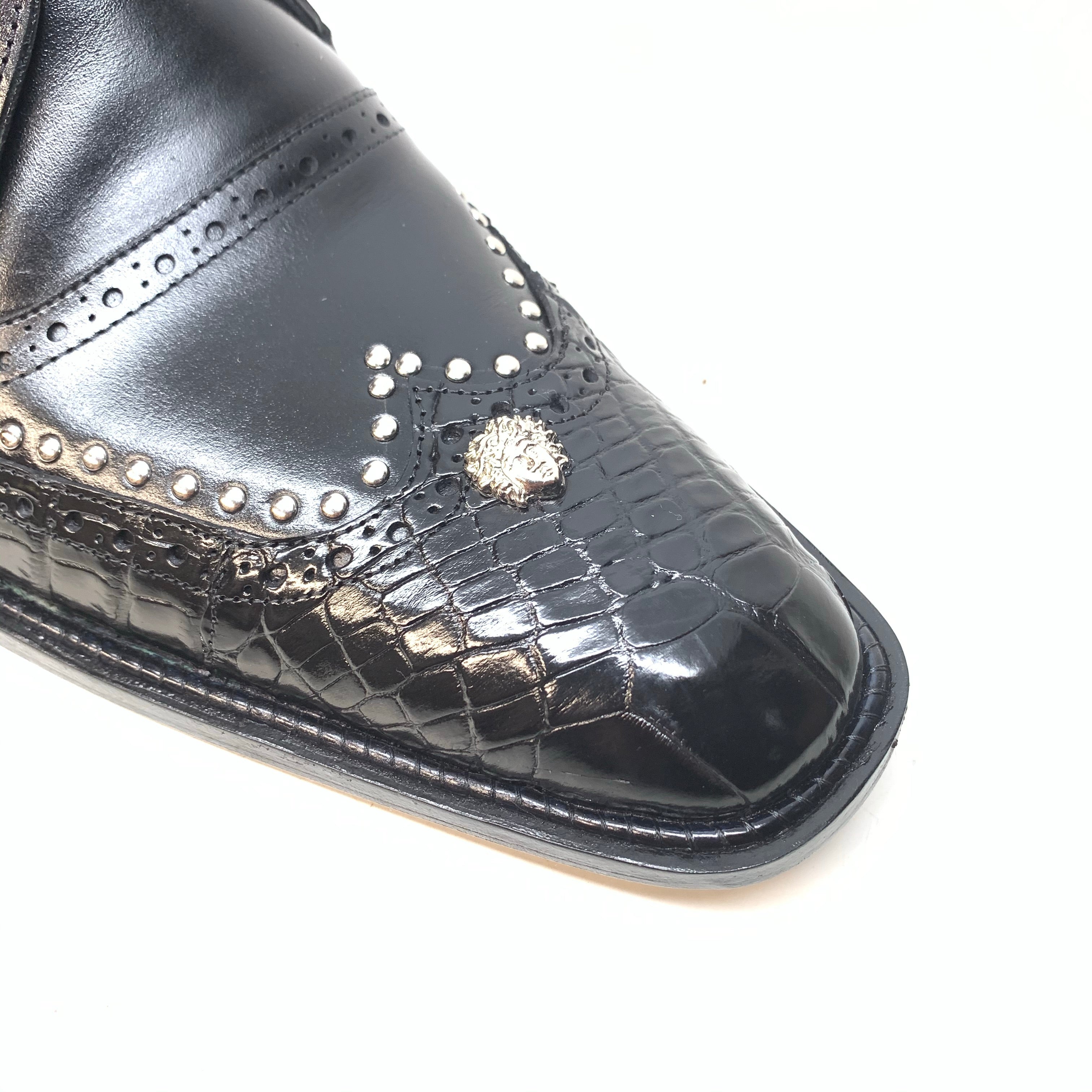 Mauri 3051 Black Alligator Studded Monk Strap Dress Shoes - Dudes Boutique