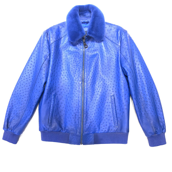 Barya NewYork Royal Blue Full Ostrich Quill/Mink Collar Bomber Jacket - Dudes Boutique
