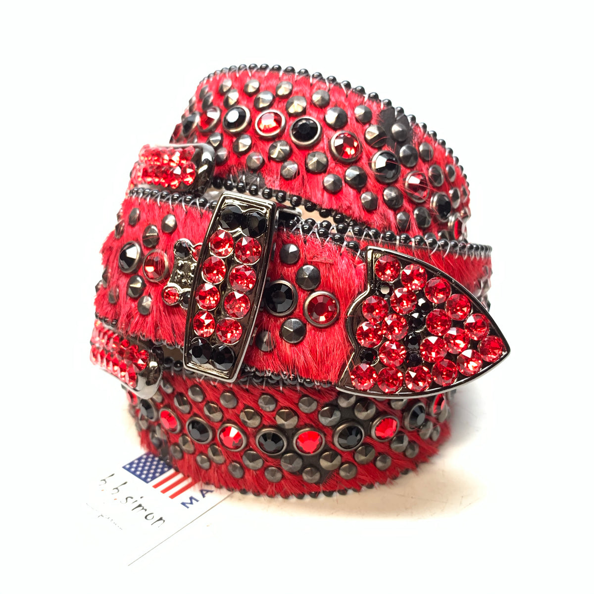 b.b. Simon 'Red War' Pony Hair Studded Crystal Belt - Dudes Boutique