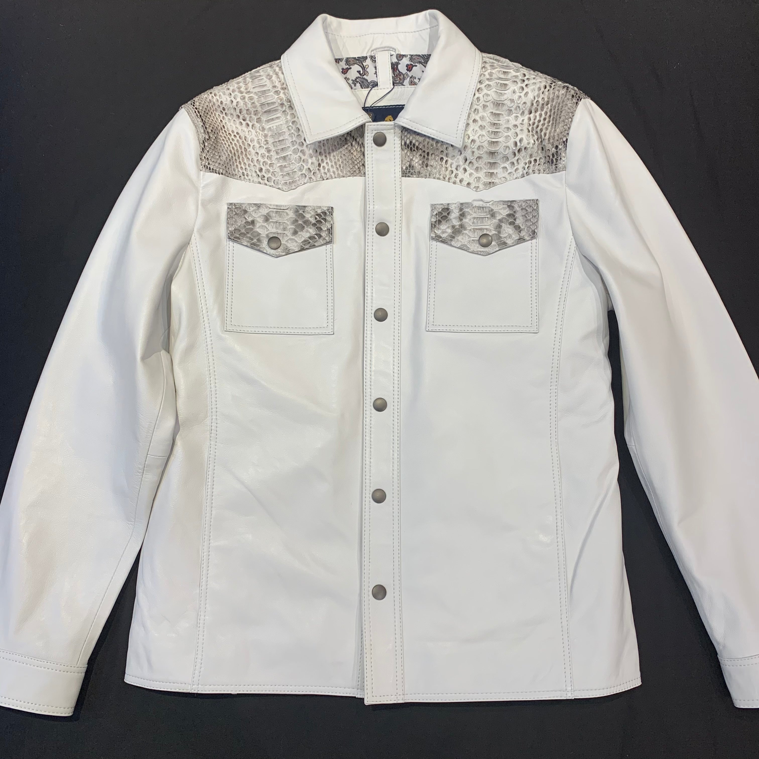 Barya NewYork White/Natural Python Snakeskin Button-Up Shirt - Dudes Boutique