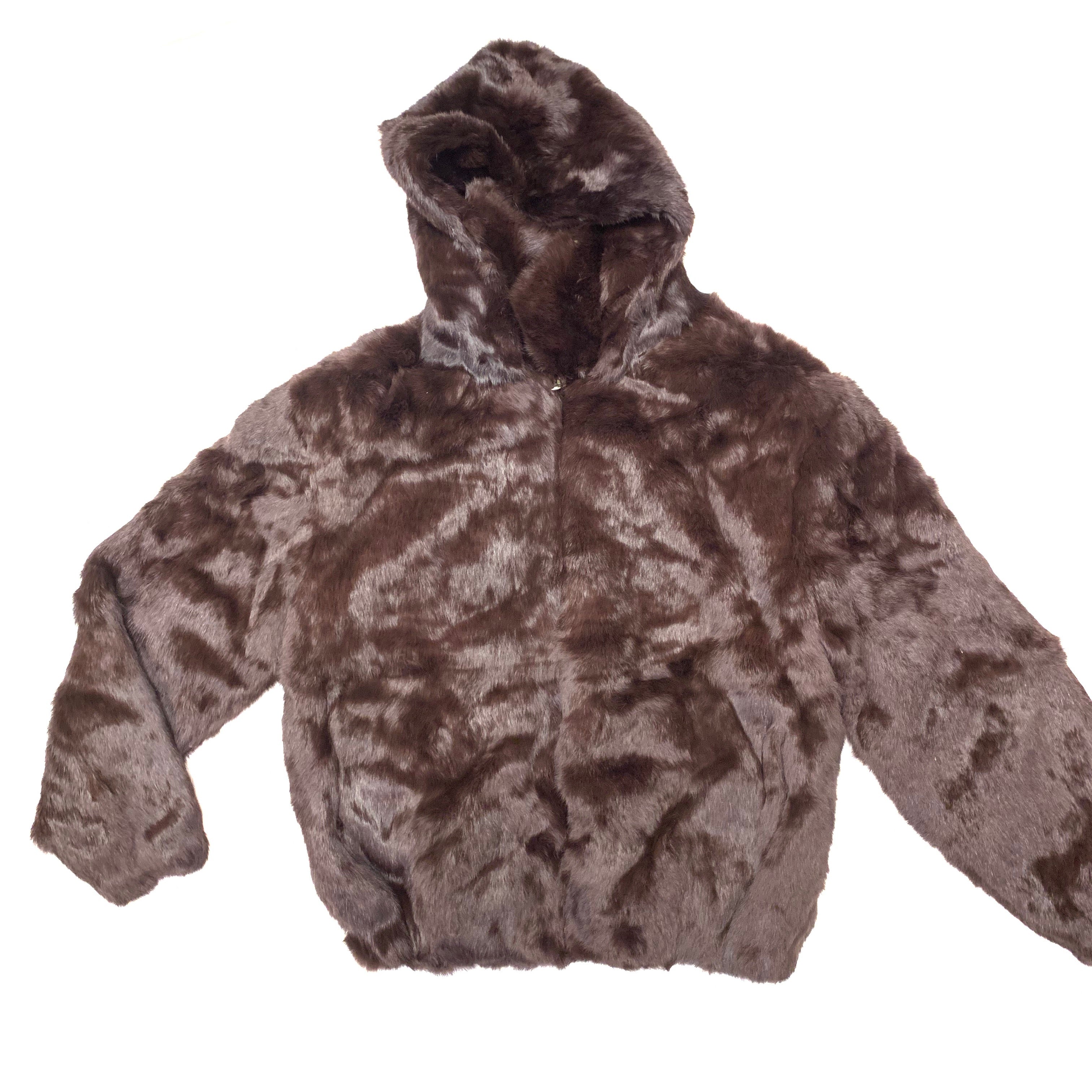 Kashani Dark Brown Rabbit Fur Hooded Bomber Jacket - Dudes Boutique