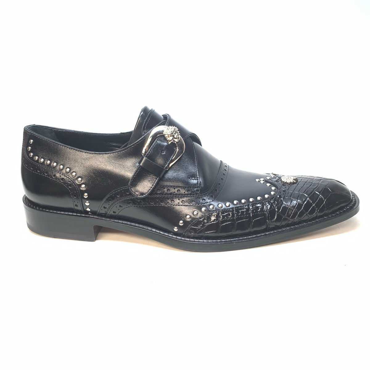 Mauri 3051 Black Alligator Studded Monk Strap Dress Shoes - Dudes Boutique