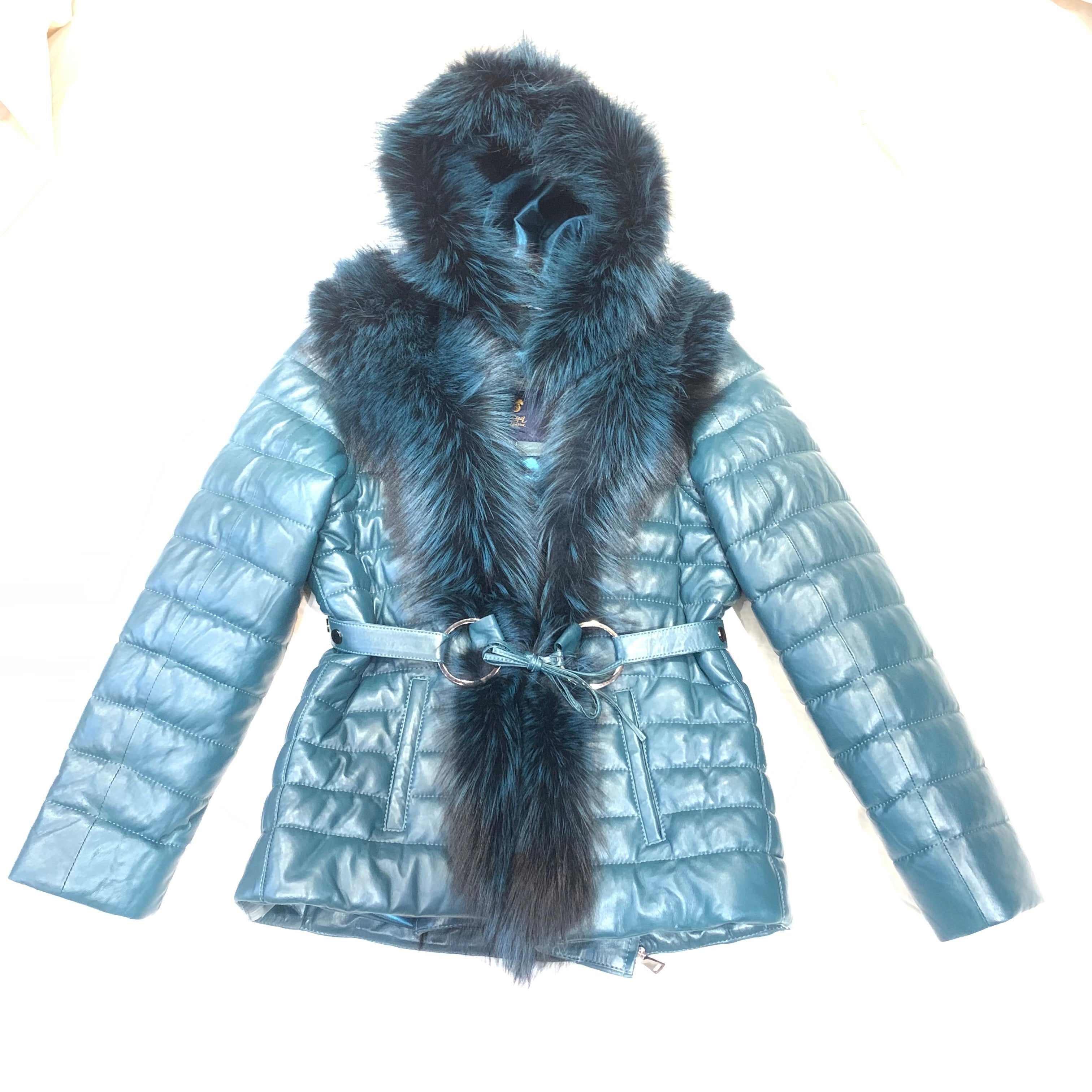 Barya NewYork Women Turquoise Lambskin Fox Fur Coat - Dudes Boutique