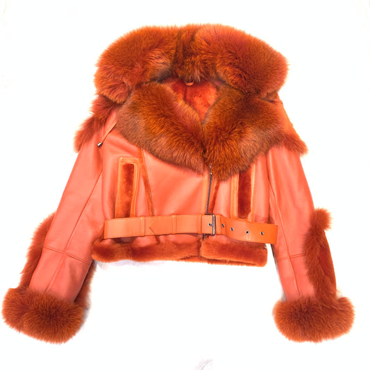 Kashani Ladies Burnt Orange Biker Fox Shearling Coat - Dudes Boutique