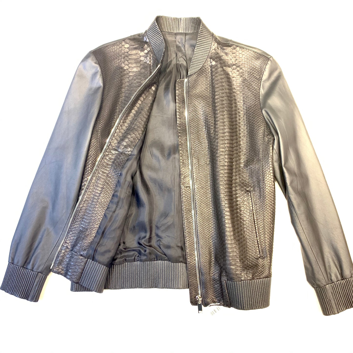 Kashani Men's Jet Black Python/Lambskin Baseball Jacket - Dudes Boutique
