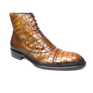 Jo Ghost Embossed Alligator Cognac Button Strap Ankle Boots - Dudes Boutique