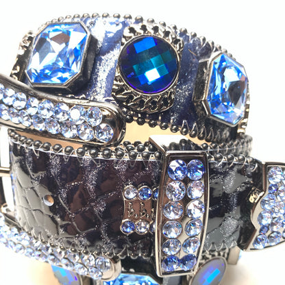 b.b. Simon 'Midnight Navy' Big Block Patent Python Crystal Belt - Dudes Boutique