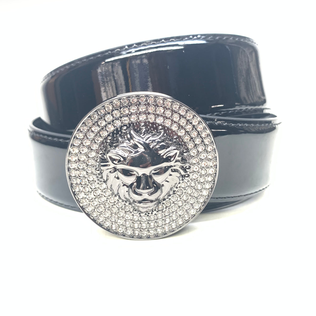 Barabas "Lion Guard" Shiny Black/Shiny Black Patent Adjustable Luxury Leather Dress Belt - Dudes Boutique