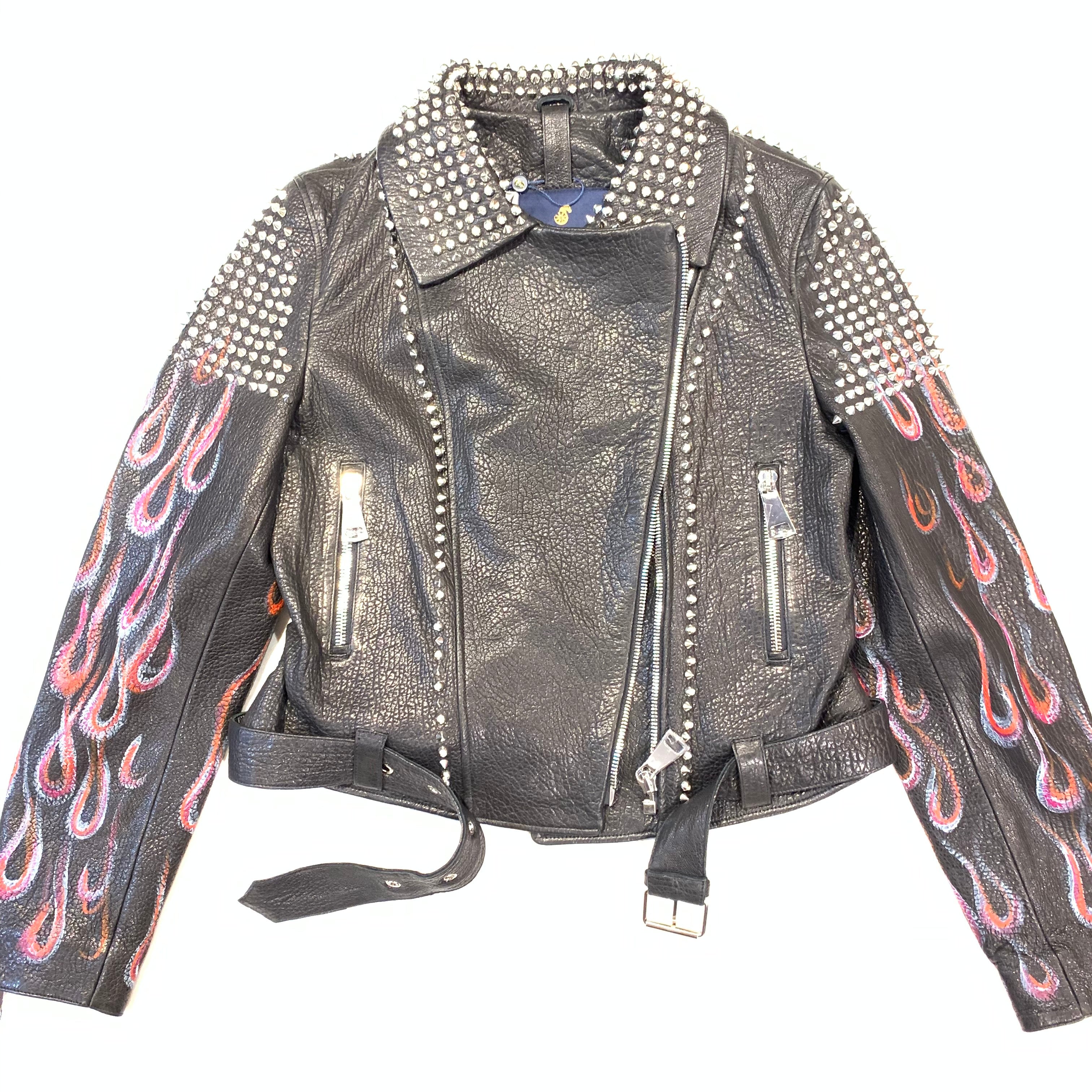 Barya NewYork Ladies Rose Fire Painted Spiked Biker Jacket - Dudes Boutique