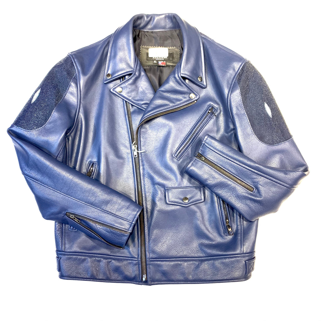 Kashani Men's Navy Blue Stingray/Leather Biker Jacket - Dudes Boutique