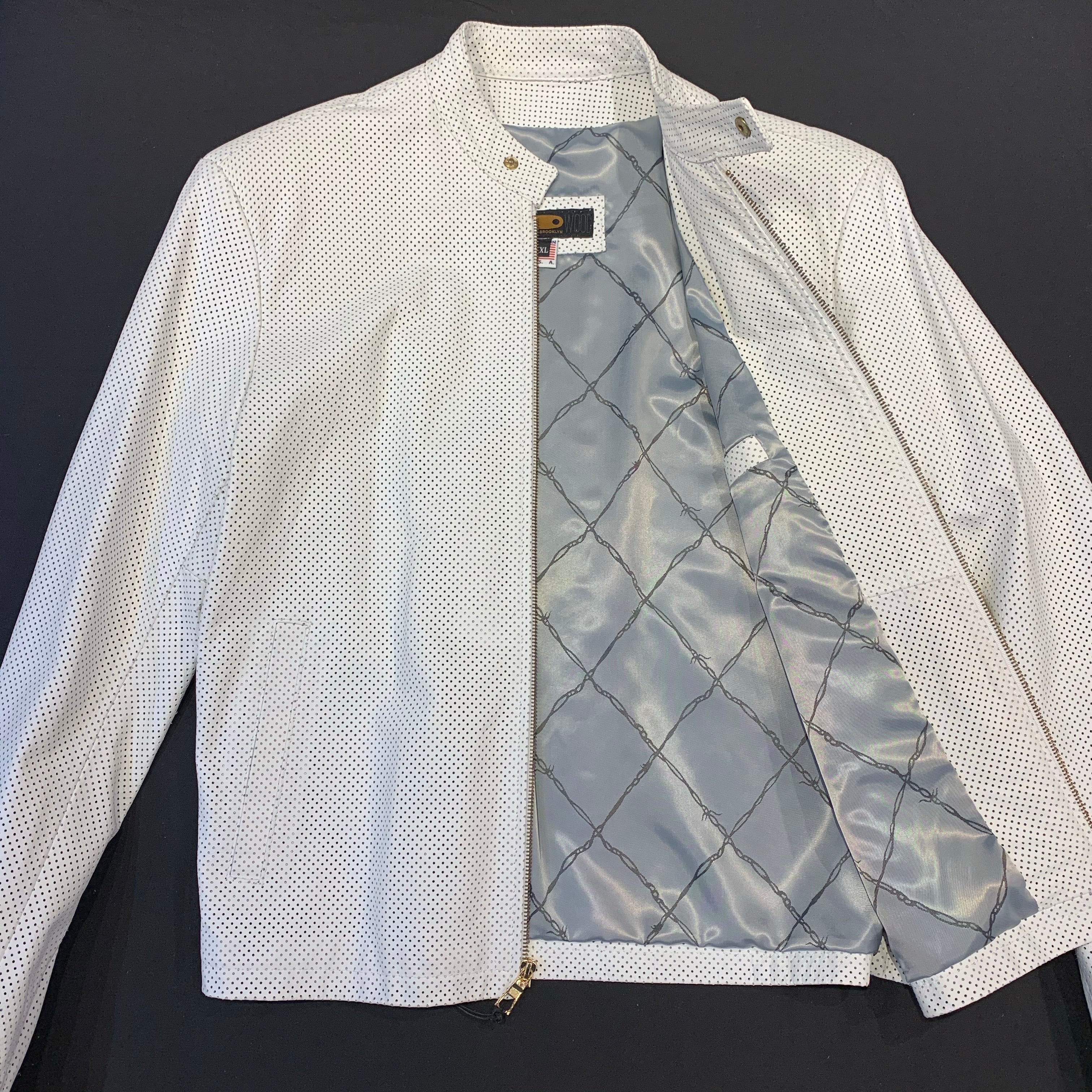 Kashani White Perforated Lambskin Chinese Collar Biker Jacket - Dudes Boutique