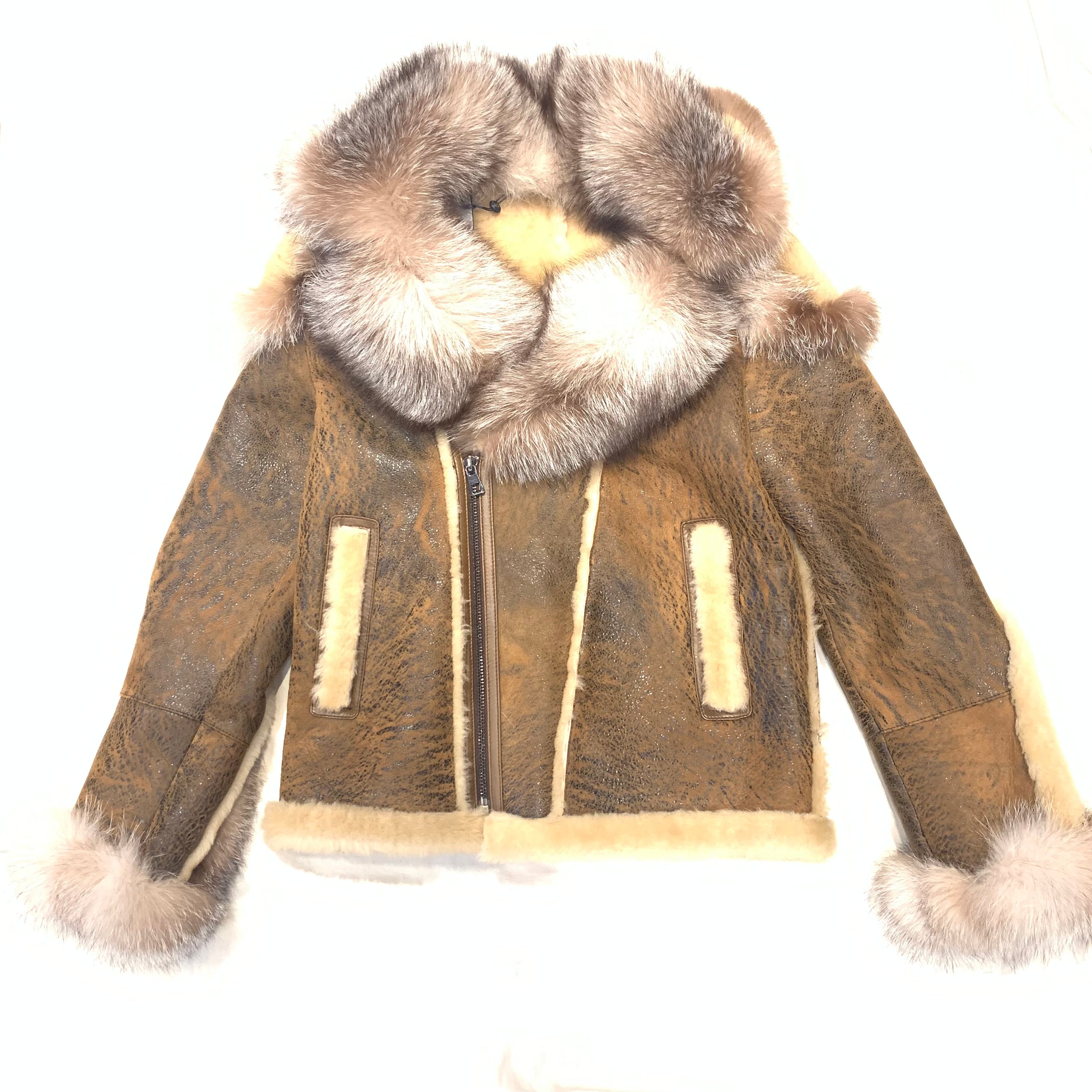 Barya NewYork Caramel Oversized Fox Collar Biker Shearling Coat - Dudes Boutique