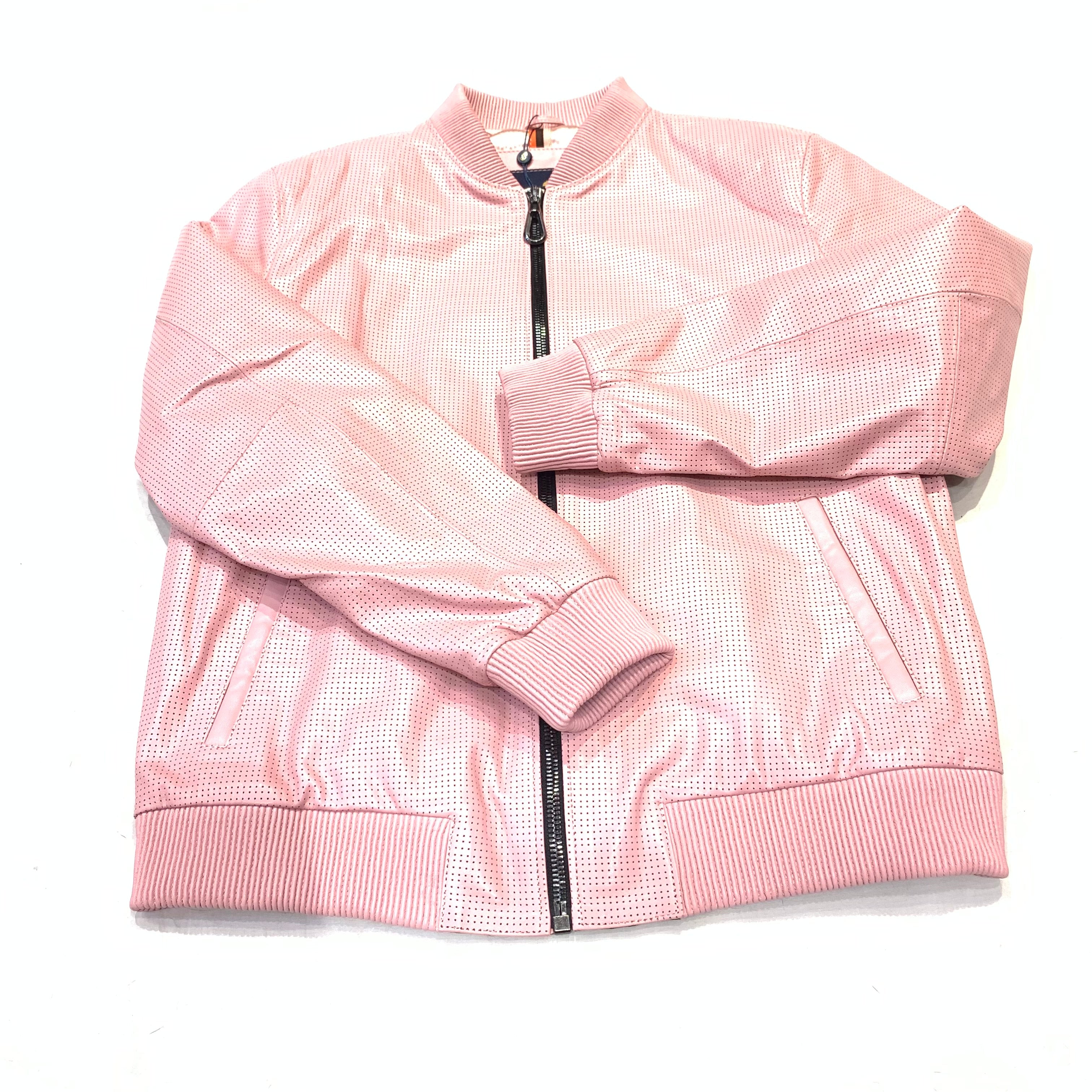 Kashani Baby Pink Perforated Lambskin Bomber Jacket - Dudes Boutique