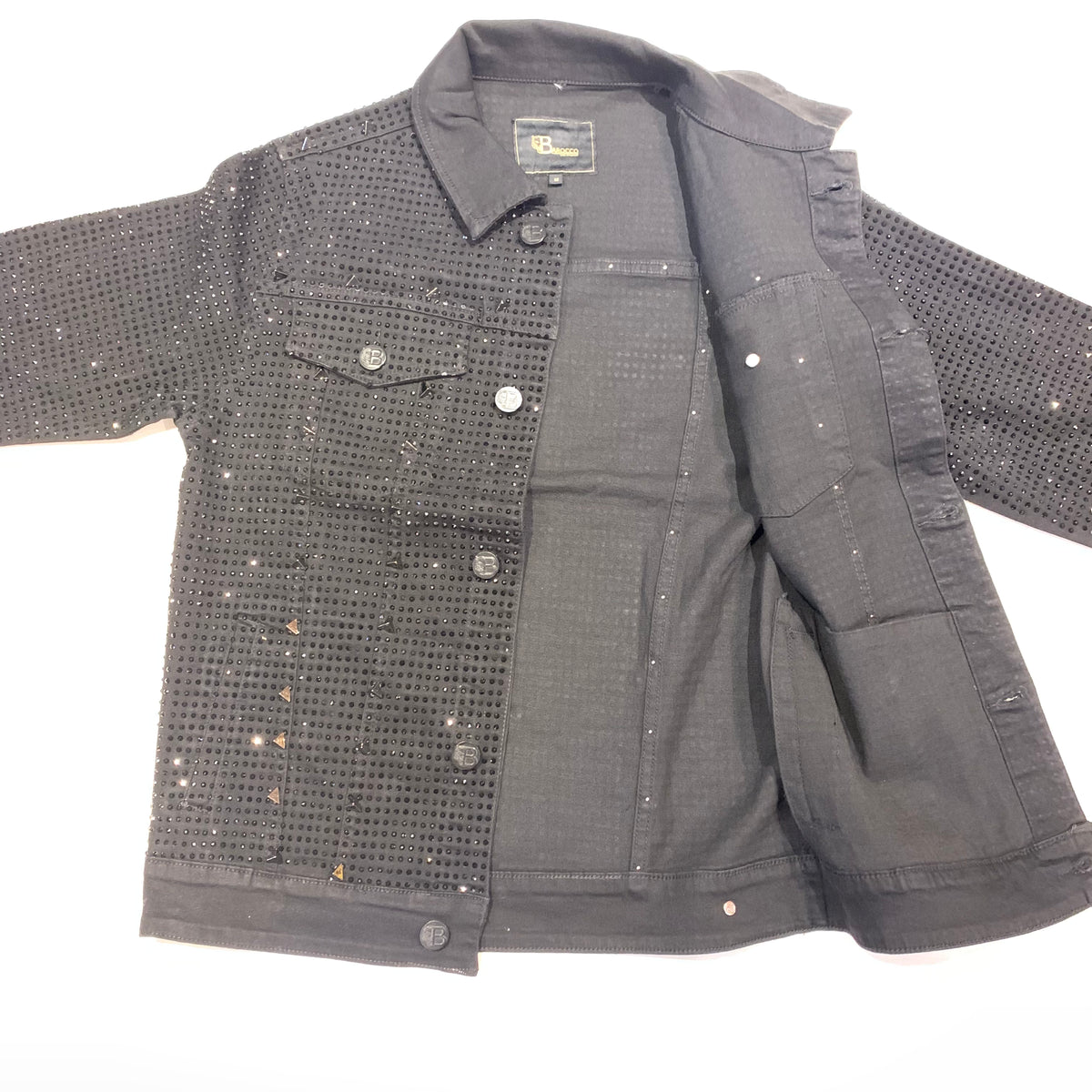 Barocco Men's Black Fully Loaded Crystal Spiked Jeans Jacket - Dudes Boutique